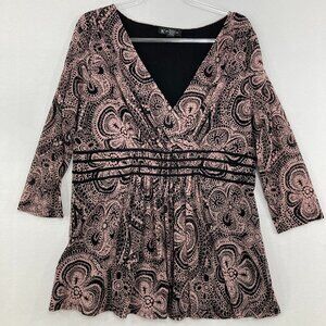 INC International Concepts 1X Pink Black Floral Abstract Babydoll Stretch Top
